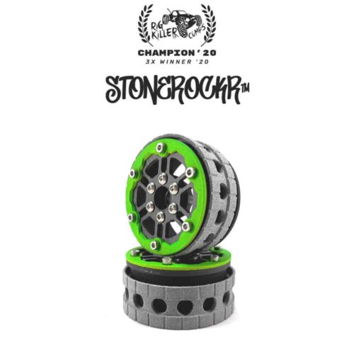 PROCRAWLER® Flatgekko™ Stonerockr™ Douwe's Humz 1.9" LCG Offset Wheel Set /w Fluo Green Front Ring (2pcs)
