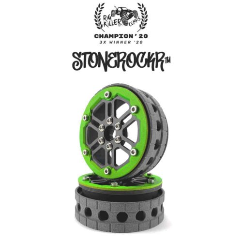 PROCRAWLER® Flatgekko™ Stonerockr™ Douwe's Humz 2.2" Narrow LCG Offset Wheel Set /w Fluo Green Front Ring (2pcs)