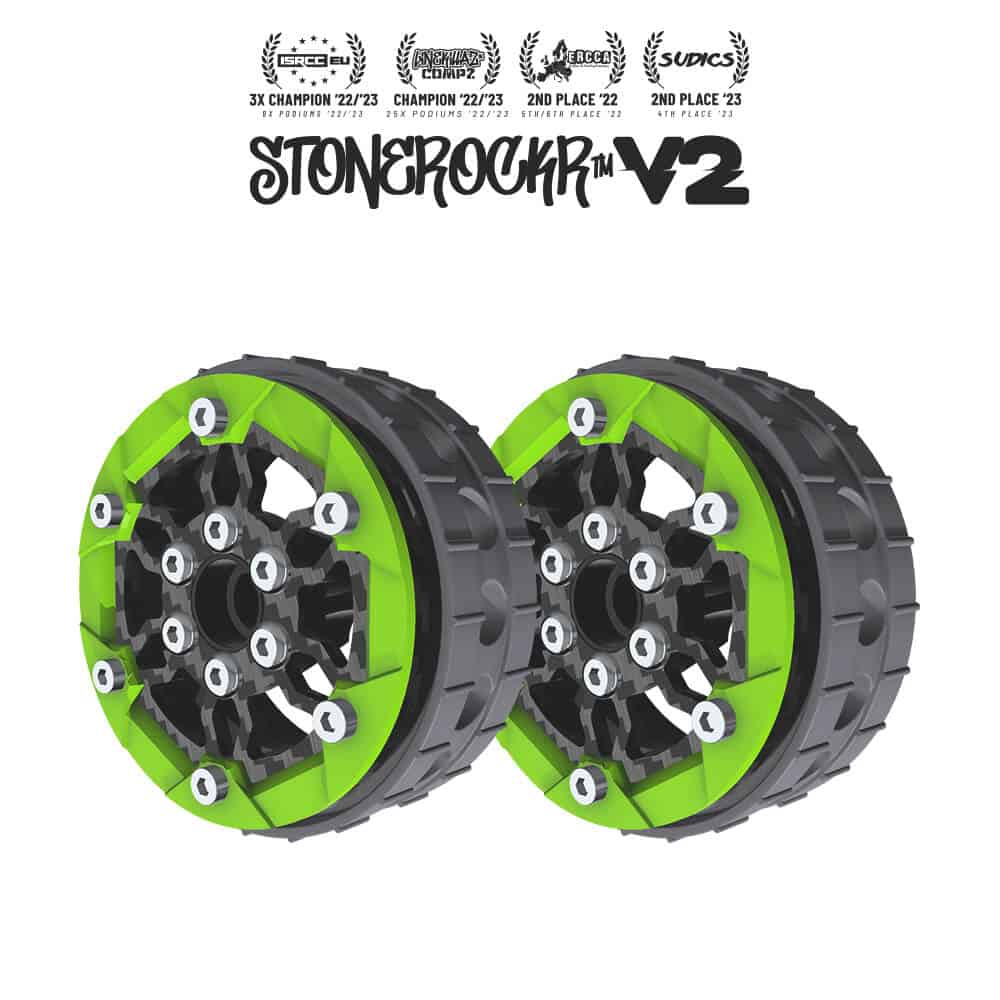 PROCRAWLER® Stonerockr™ V2 F6 Pro by Pierre Silva 1.9″ LCG Offset Wheel Set /w Flatgekko™ Green Front Ring (2pcs)